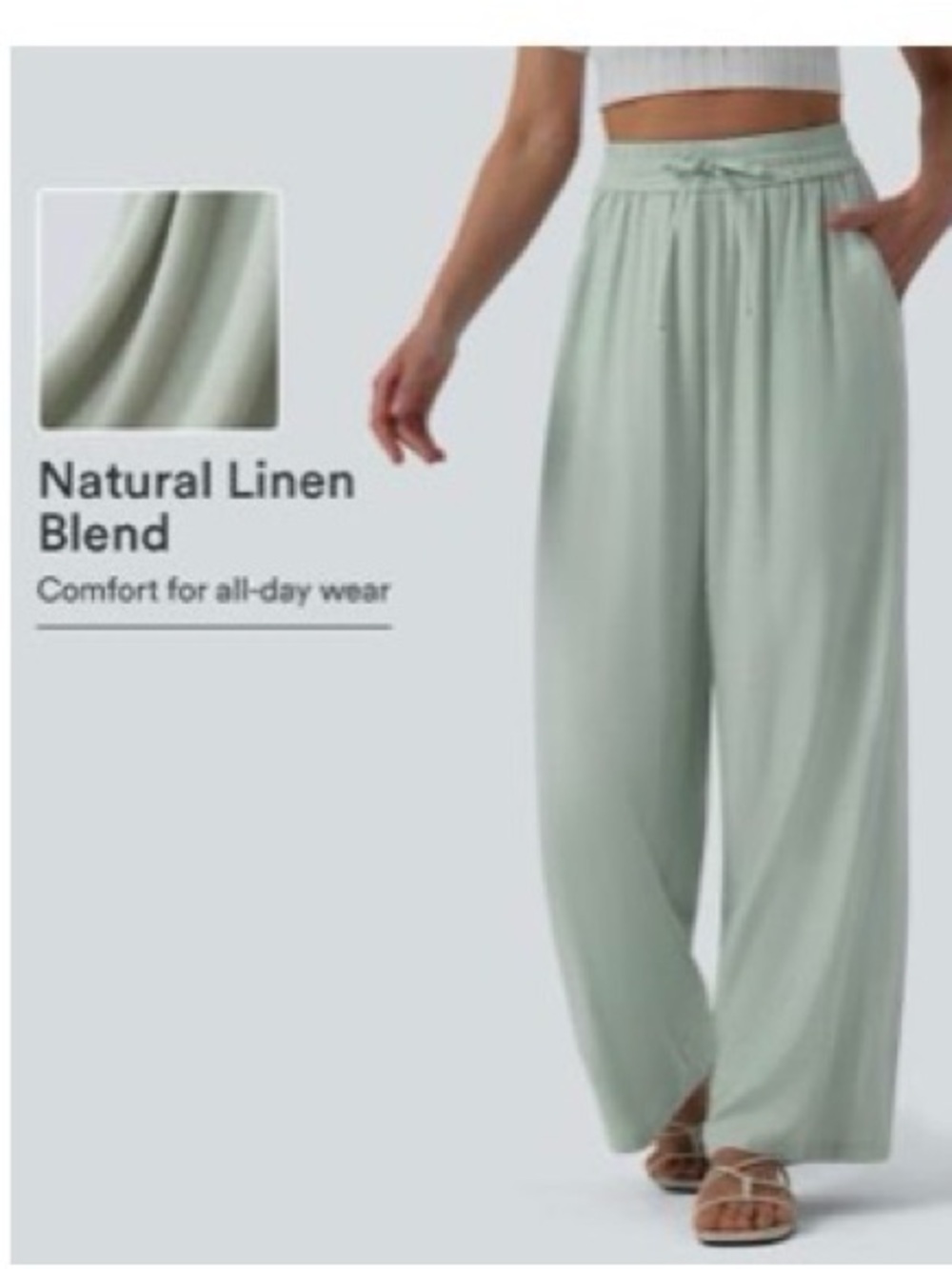 HALARA Wide Leg Natural Linen Blend Pants in Sage Green